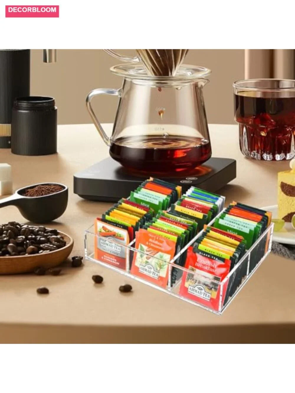 Acrylic Tea Bag Organizer with Removable Dividers, 6 Compartments Clear Storage